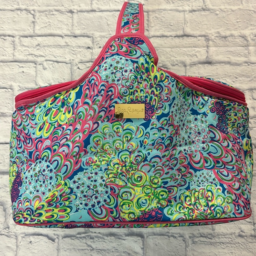 Lilly Pulitzer insulated soft cooler with handle in Lilly  Lagoon pattern.